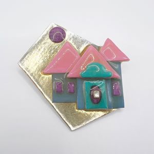 Lucinda House Pins Brooch Pin Houses Pink Gold Green Resin Glossy 2.25"